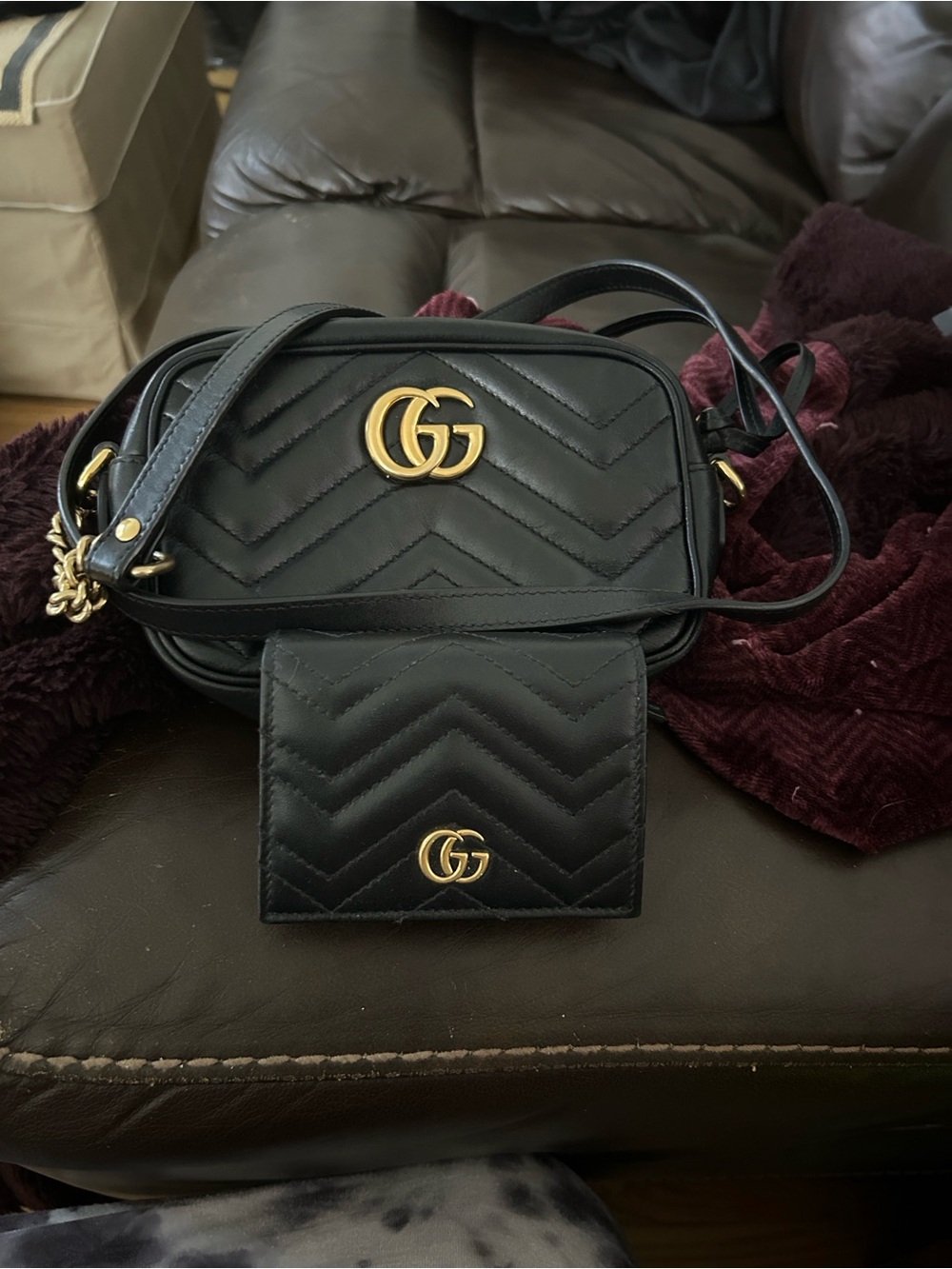 Gucci Black GG Marmont Quilted Leather Crossbody with Matching Wallet